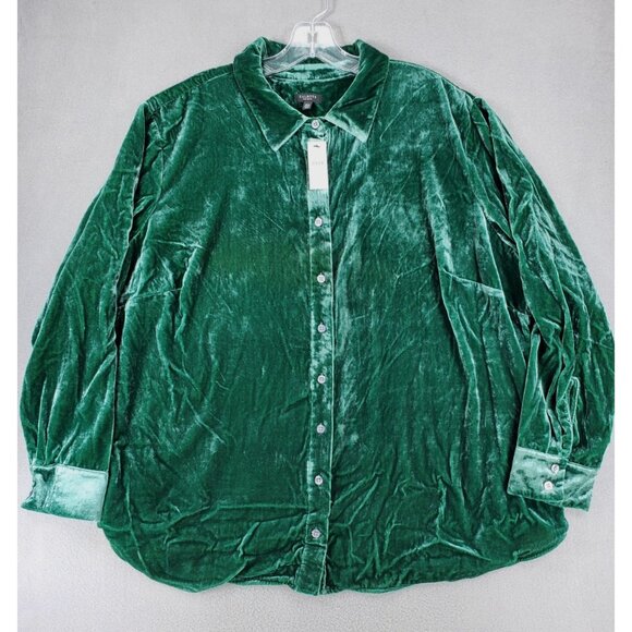 New Talbots Velour Velvet Boyfriend Shirt 3Xp Forest Green Button Up Whimsigoth - Picture 1 of 6